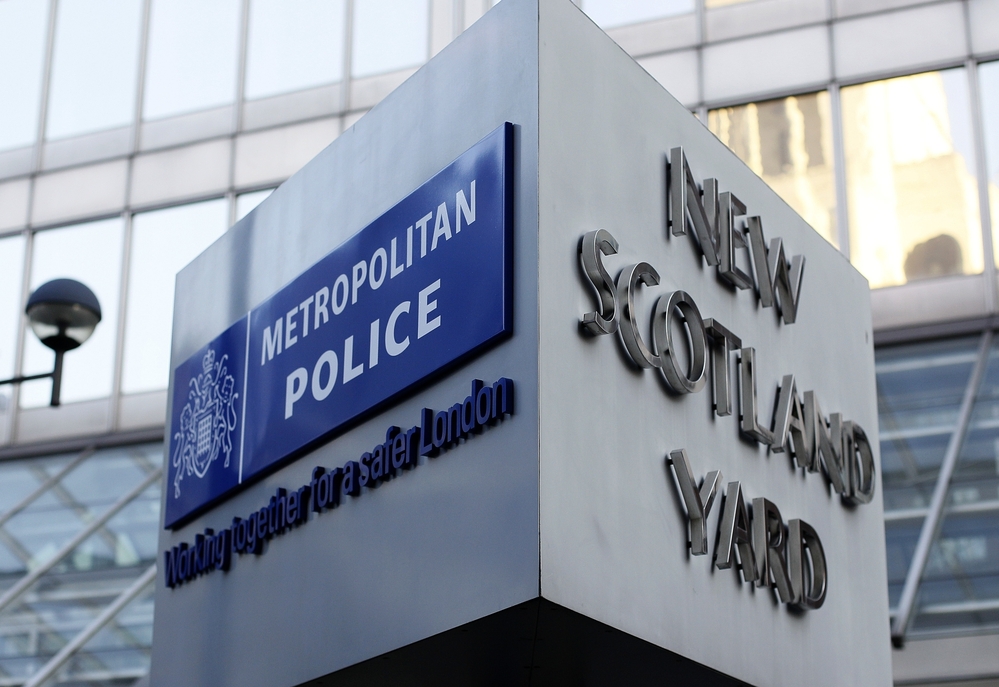 The rotating sign outside London Metropolitan Police headquarters.