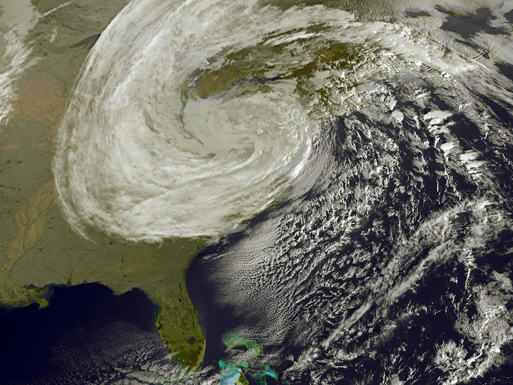 A satellite's view of Hurricane Sandy as it moves inland, Oct. 30, 2012.