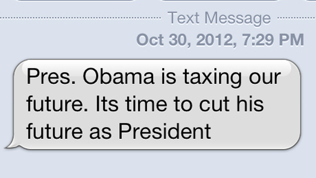 A screenshot of an anti-Obama text message received Tuesday evening. (NPR)
