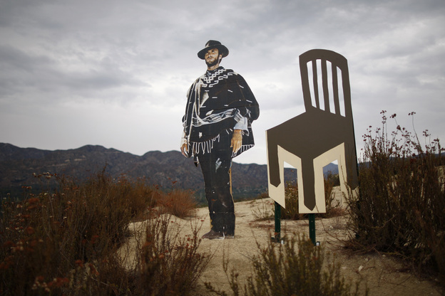 A life-sized cardboard cutout of actor, director and politician Clint Eastwood stands next to an empty chair cutout north of Los Angeles, California. Eastwood's 12-minute conversation with an empty chair representing President Obama sparked much attention at the 2012 Republican National Convention.