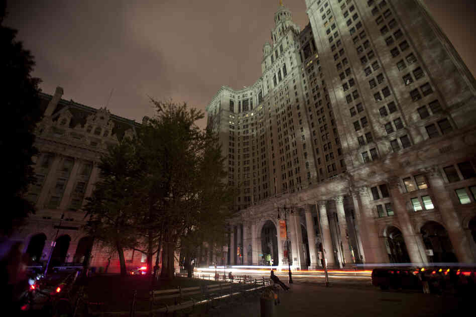 The municipal building, blacked out. The municipal building, blacked out.