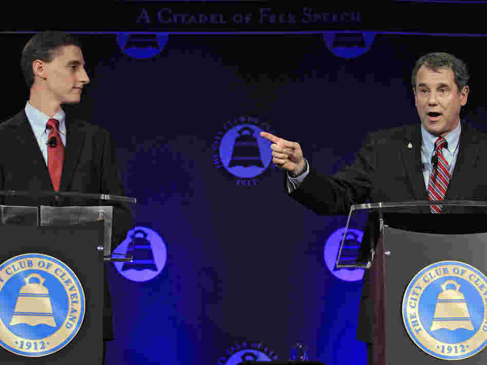 U.S. Sen. Sherrod Brown (right), D-Ohio, debates his Republican challenger, Ohio state Treasurer Josh Mandel, at the City Club in Cleveland on Oct. 15.