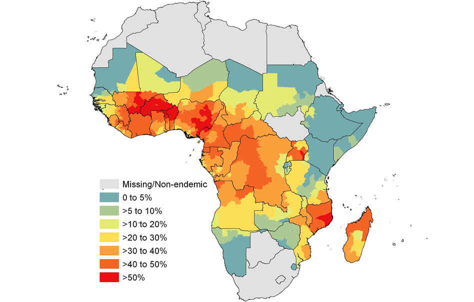 The map shows the estimated proportion of people who tested positive for malaria  before treatment. The bigger the number, the better.