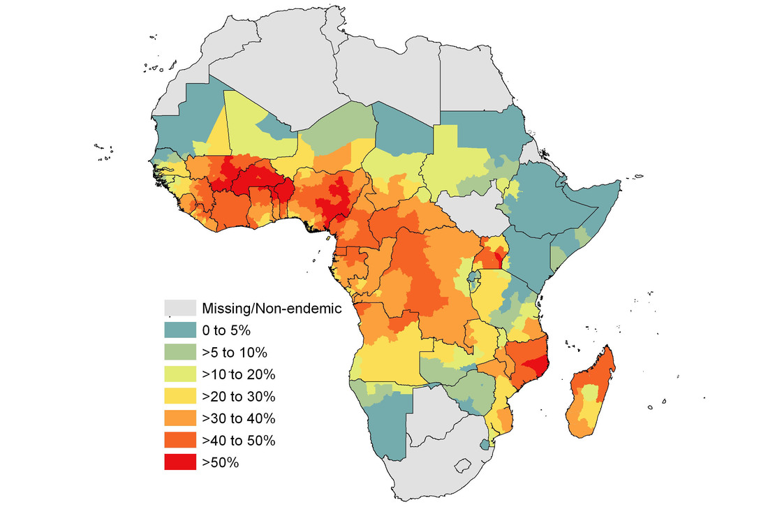 The map shows the estimated proportion of people who tested positive for malaria  before treatment. The bigger the number, the better.