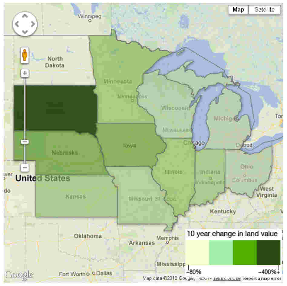 Click the map to see how the price of farmland has gone up. Produced by Harvest Public Media.