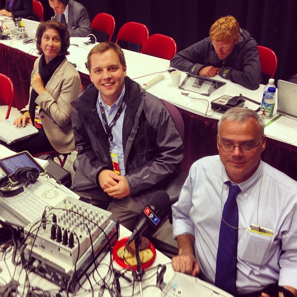 NPR's Elections team geared up for hours of live coverage at the first presidential debate in Denver, Co.: (l-r) Washington Desk Correspondent Mara Liasson, Assistant Producer Arnie Seipel and White House Correspondent Scott Horsley posed for this snapshot tweeted by White House Correspondent Ari Shapiro.