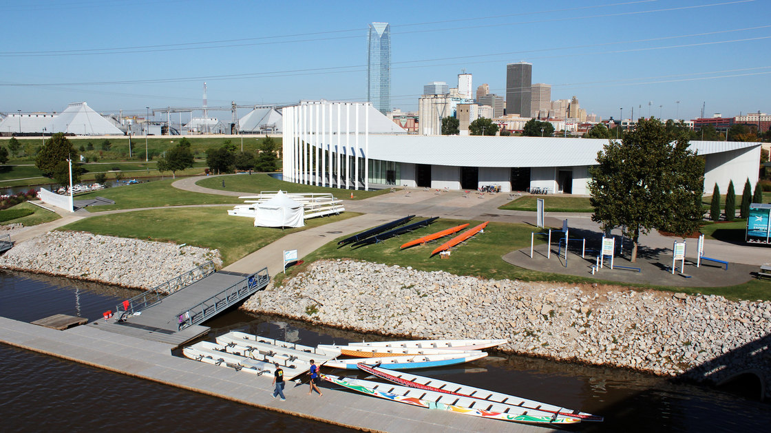 Rowers return to the Chesapeake Energy Boathouse after training on the river near downtown Oklahoma City. The riverfront recreation area is one of the most visible examples of the city's sales tax initiatives in action.