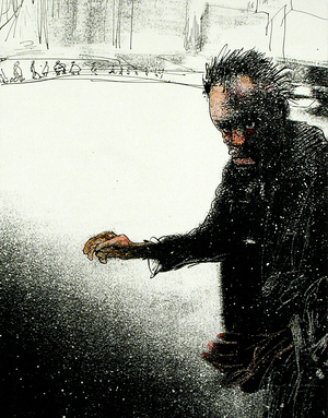 Ralph Steadman displays his signature style in this 1970 drawing of a New York homeless man. Ralph Steadman displays his signature style in this 1970 drawing of a New York homeless man.