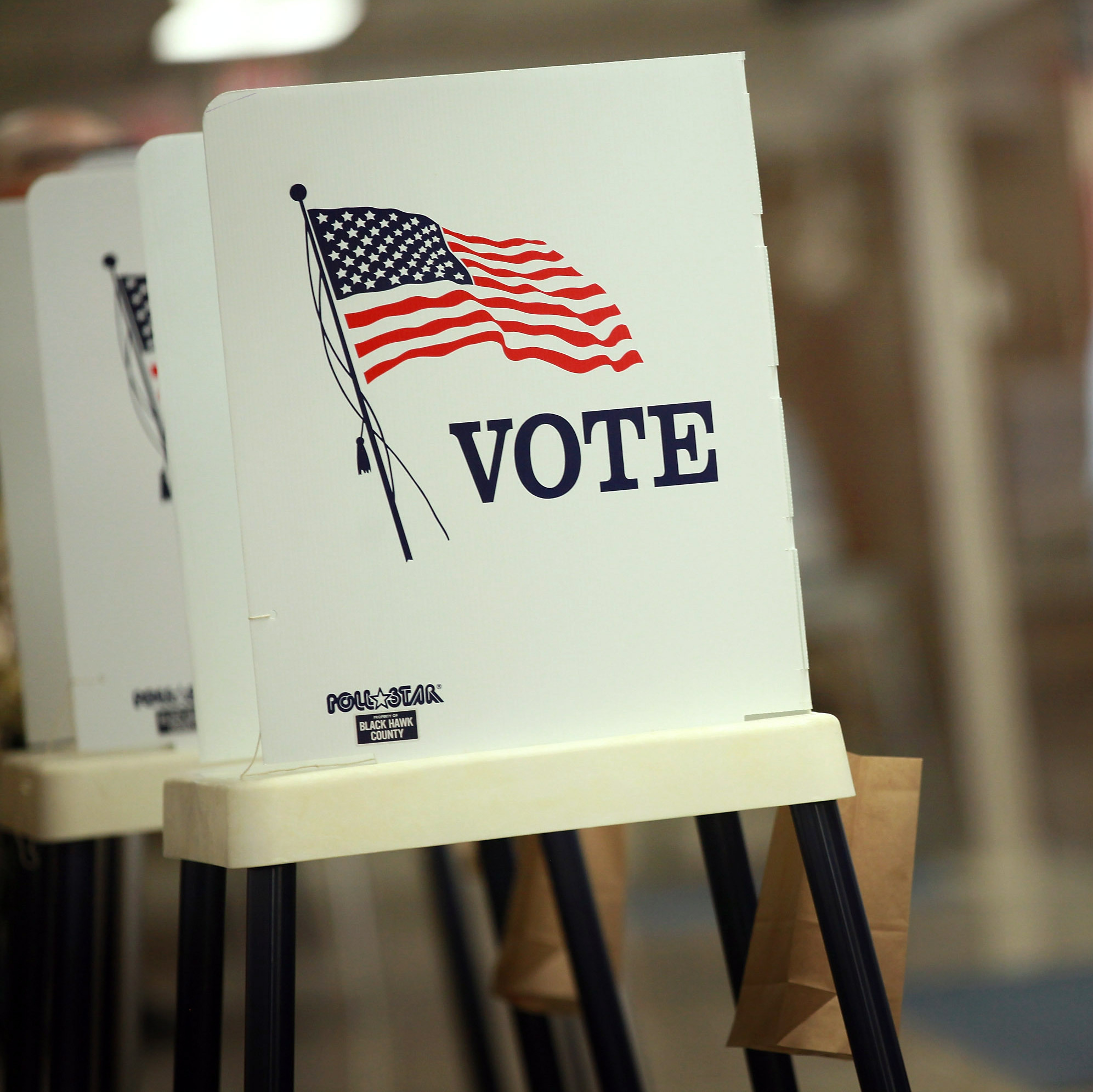 WATERLOO, IA - SEPTEMBER 27: Voting booths are set up for early voting at the Black Hawk County Courthouse on September 27, 2012 in Waterloo, Iowa. Early voting starts today in Iowa where in the 2008 election 36 percent of voters cast an early ballot. (Photo by Scott Olson/Getty Images)