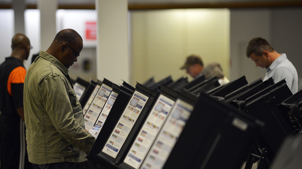People cast their ballots at an early voting center in Columbus, Ohio, on Oct. 15.