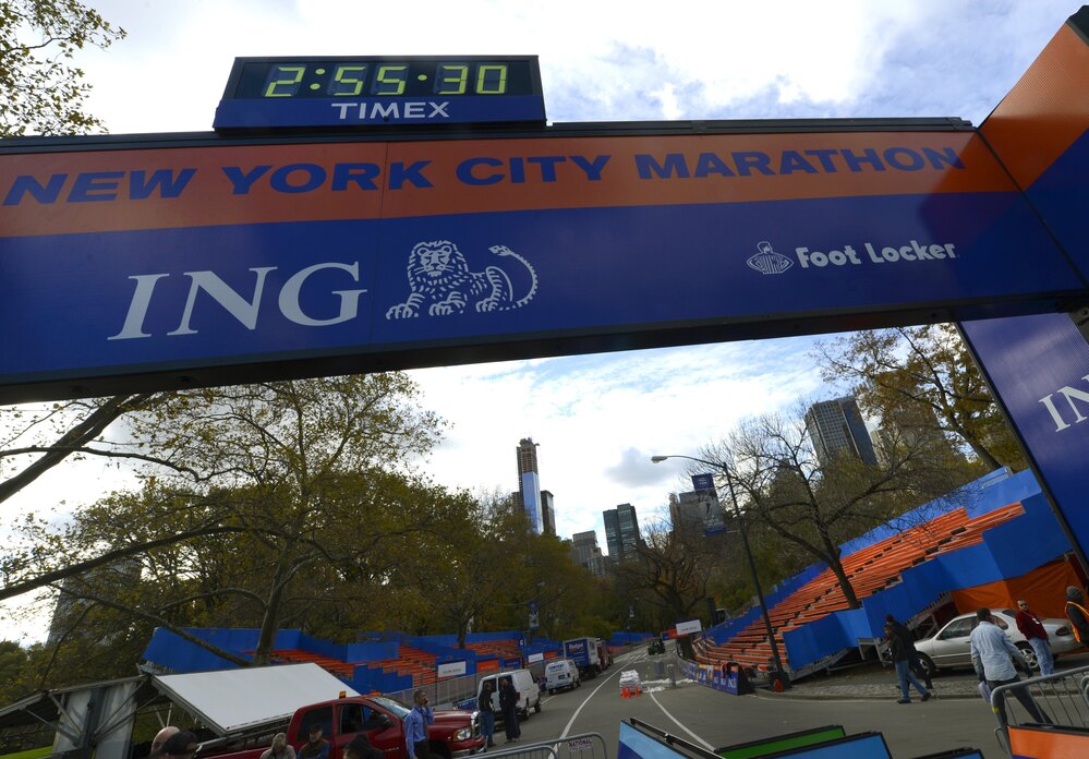 Workers construct the Finish Line on Friday as preparations continue for the 43rd New York City Marathon.