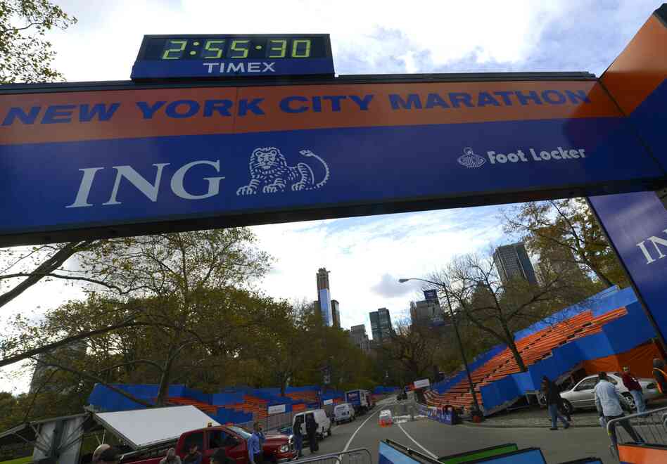 Workers construct the Finish Line on Friday as preparations continue for the 43rd New York City Marathon.