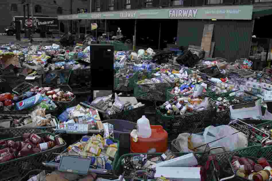 Food damaged by storm flooding awaits disposal at the Fairway supermarket in Brooklyn. Food damaged by storm flooding awaits disposal at the Fairway supermarket in Brooklyn.