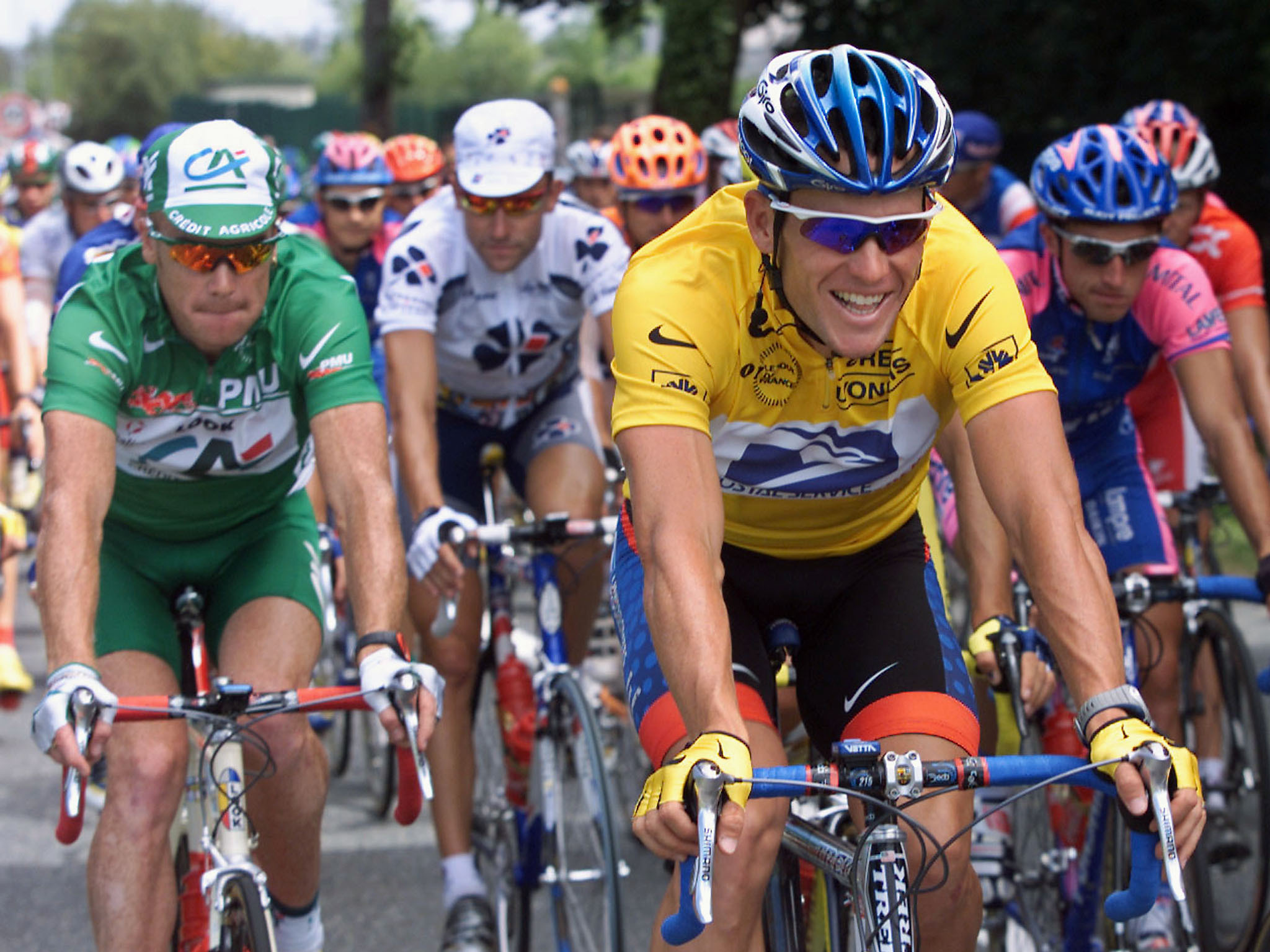Lance Armstrong, in the leader's yellow jersey, during the 2001 Tour de France. Lance Armstrong, in the leader's yellow jersey, during the 2001 Tour de France.