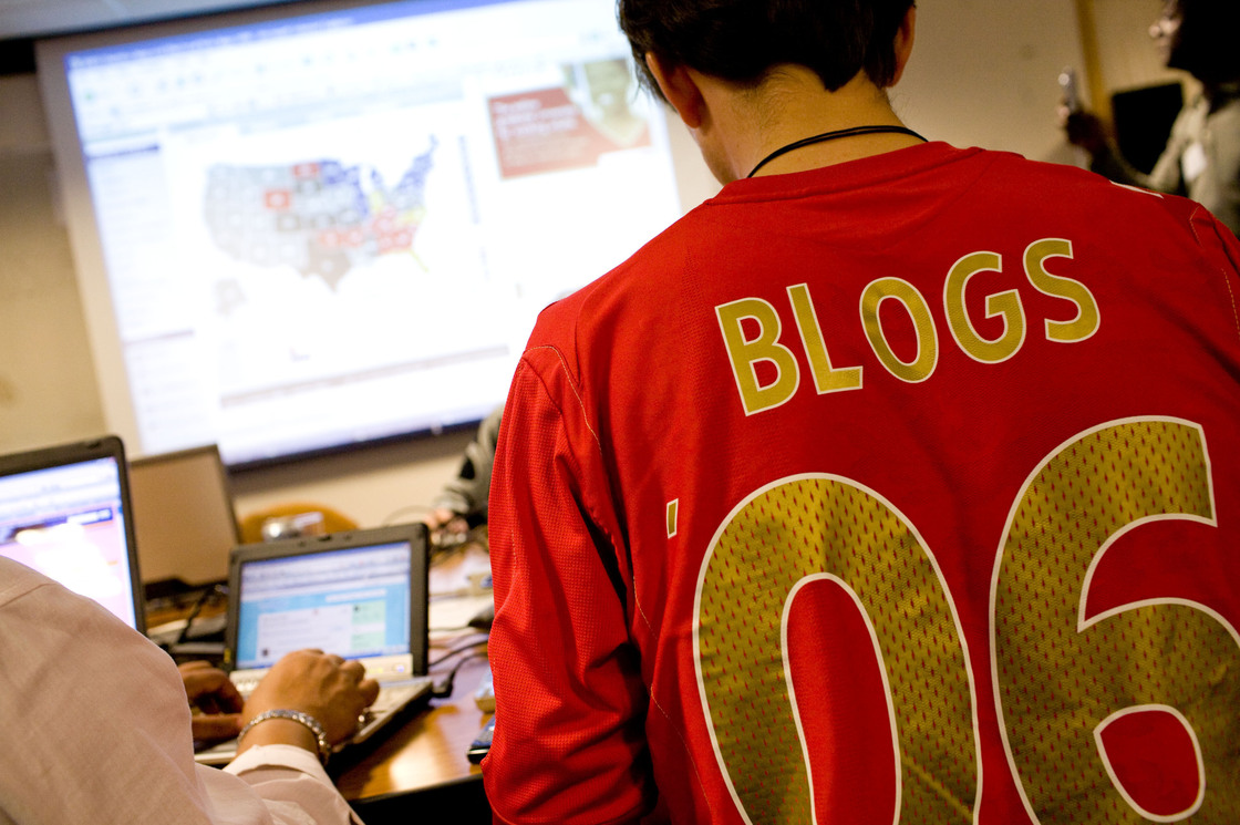 Bloggers working from NPR HQ in Washington, D.C., on election night, 2008.