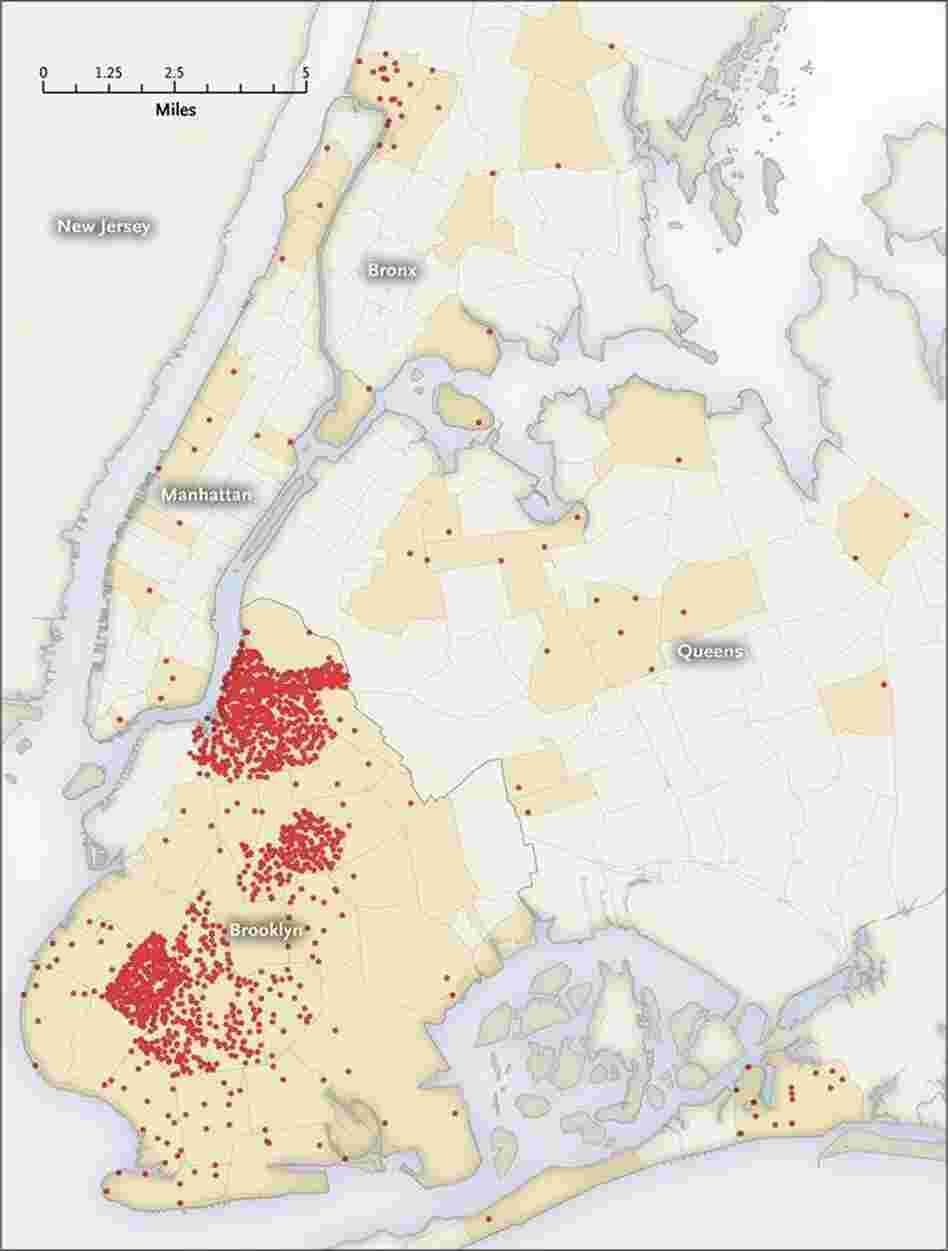 Each dot represents one case of mumps between late June 2009 and  late June 2010.