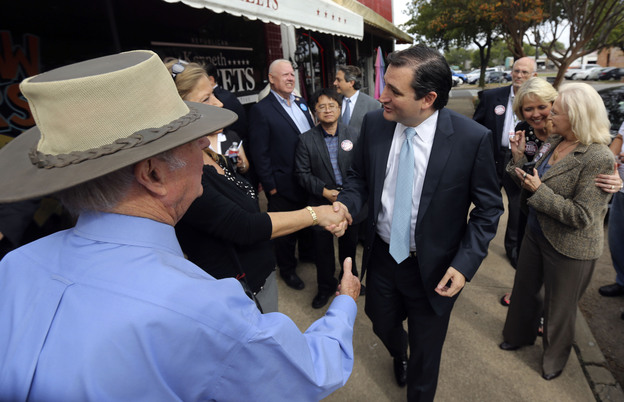 Republican Ted Cruz (center), a candidate for U.S. Senate, greets voters in Mesquite, Texas, last month. Cruz has an 18-point lead over his challenger.