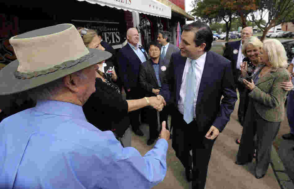 Republican Ted Cruz (center), a candidate for U.S. Senate, greets voters in Mesquite, Texas, last month. Cruz has an 18-point lead over his challenger.