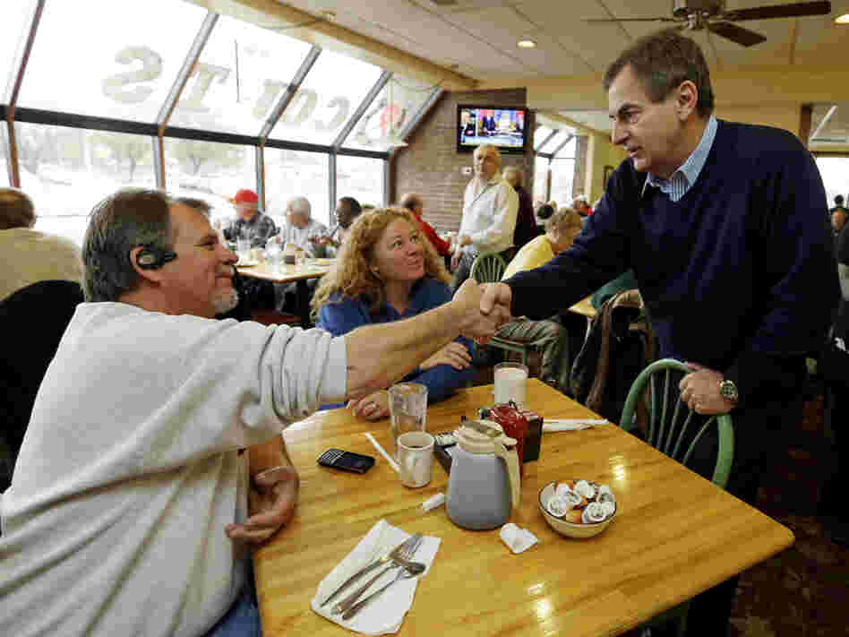 Republican Richard Mourdock, candidate for Indiana's U.S. Senate seat (right) meets Mike Nestor and LoRita Stofleth at Blueberry Hill Pancake House Saturday in Indianapolis.