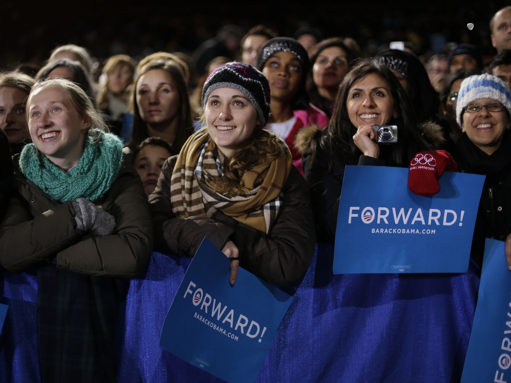 Supporters listen to President Barack Obama speak at a campaign event in Bristow, Va., on Saturday.