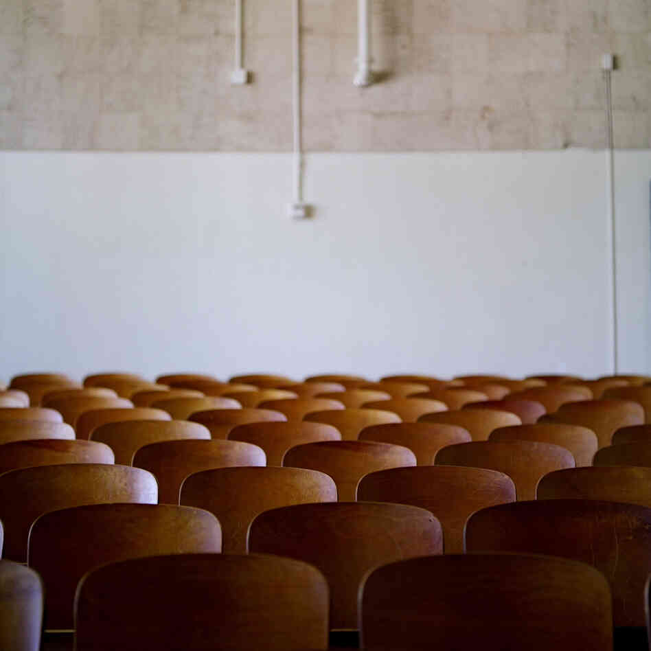 An empty theater at H.S. Thompson Elementary School.