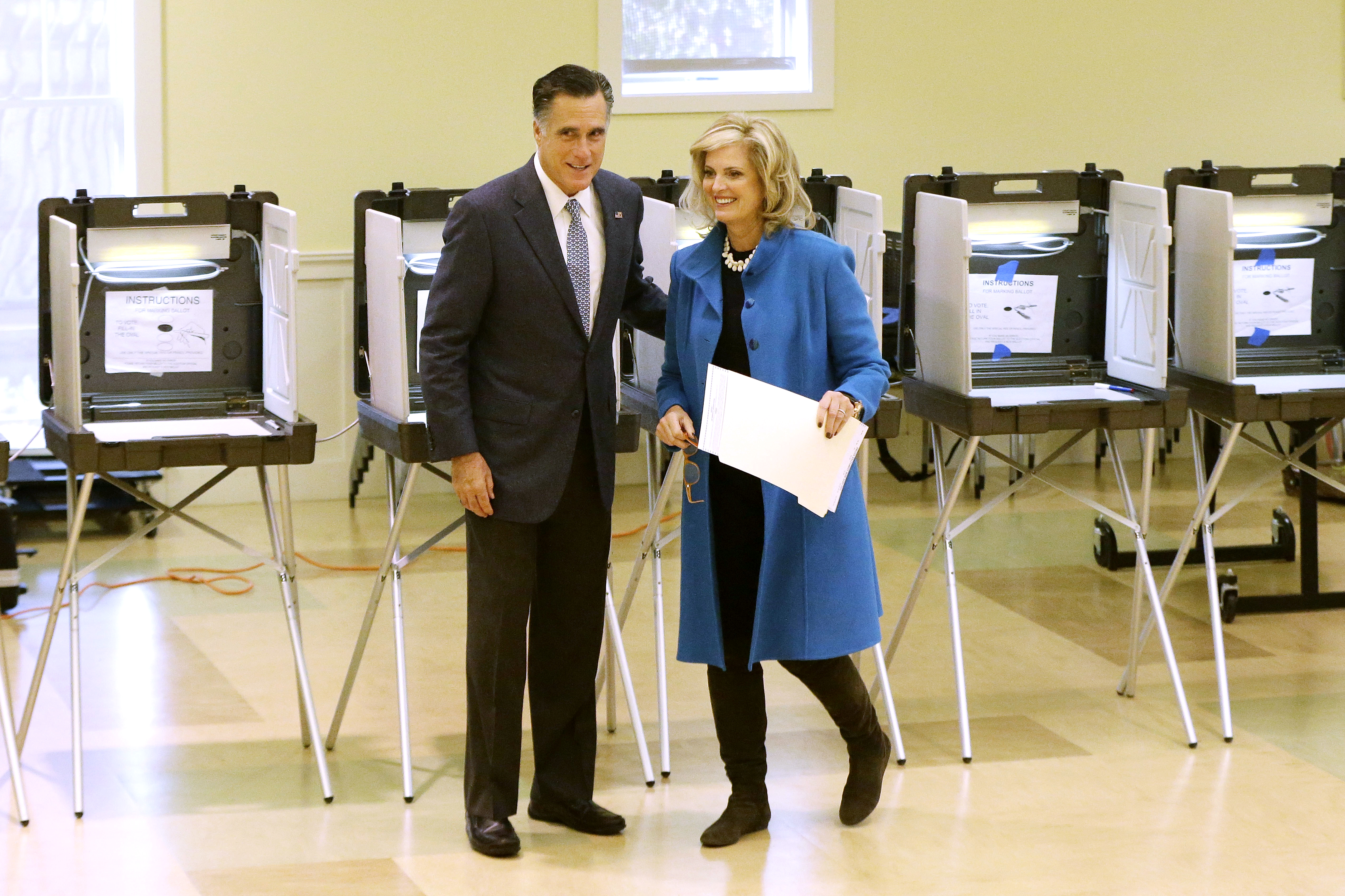Republican presidential candidate, former Massachusetts Gov. Mitt Romney and wife Ann Romney vote in Belmont, Mass., on Tuesday.