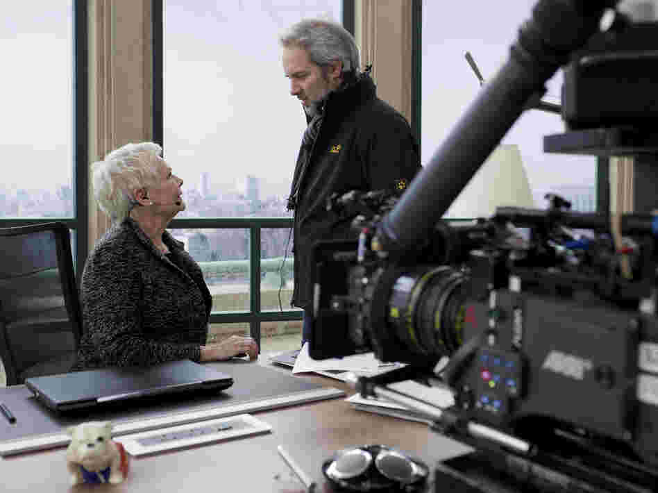 Mendes on the set of Skyfall with Judi Dench, who plays M.