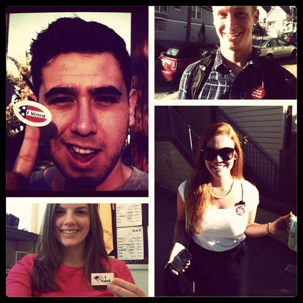 A photo collage of voters on Election Day (counterclockwise from upper left): Oscar Perez, Molly Jepsen, Caryn Voskuil and Will Eden.
