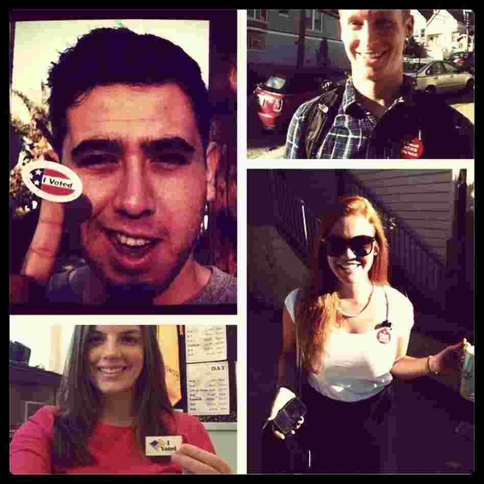 A photo collage of voters on Election Day (counterclockwise from upper left): Oscar Perez, Molly Jepsen, Caryn Voskuil and Will Eden.