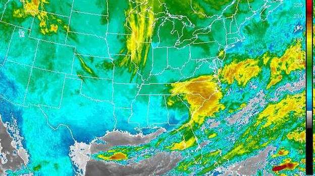 A satellite image of the clouds and storms over the United States. (NOAA)