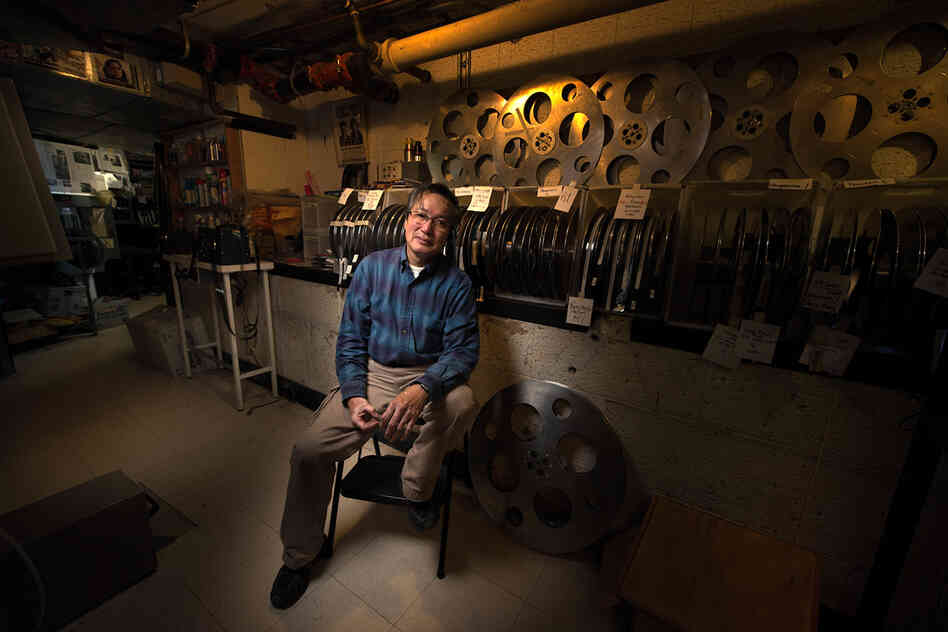 Projectionist Ed Ko at New York City's Film Forum. Ed has been projecting at Film Forum longer than any other projectionist there.