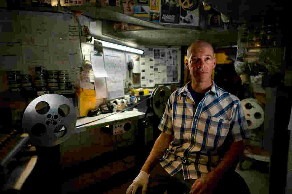 Projectionist Michael Lefanto at Film Forum. Michael works in many New York City booths, including at the Museum of Modern Art.
