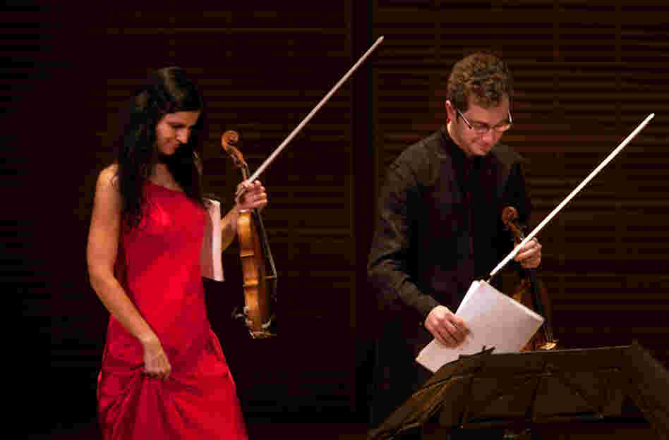 The Belcea Quartet's violinists Corina Belcea and Axel Schacher, walk onstage just before playing Beethoven's String Quartet in E flat, Op. 127. 