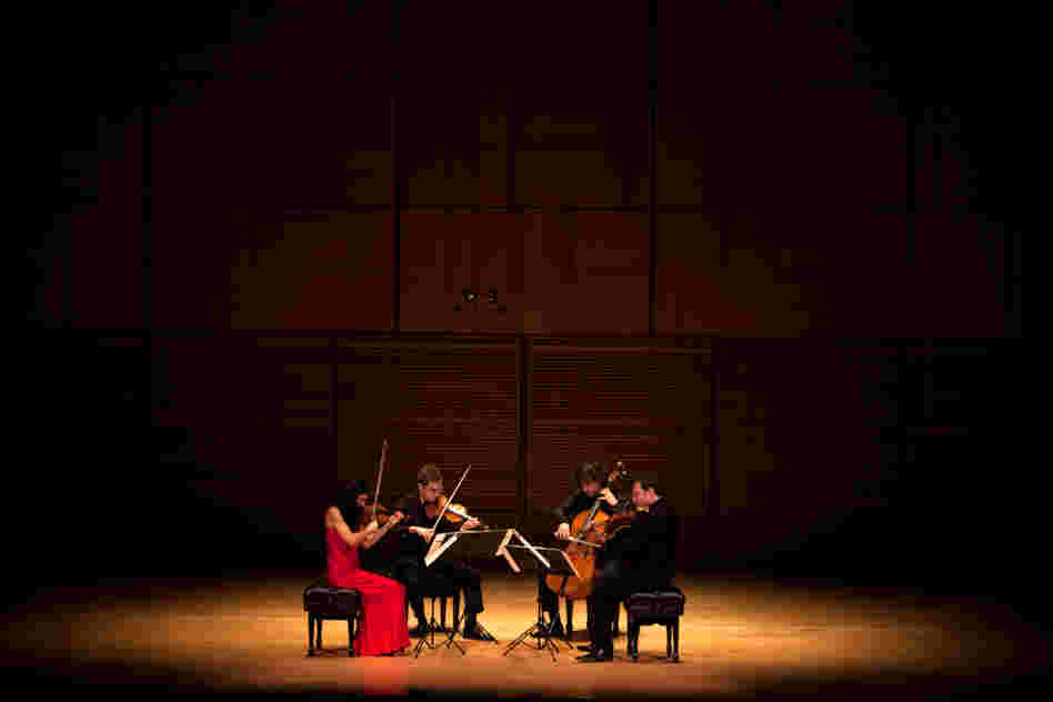 The Belcea Quartet — violinists Corina Belcea (left) and Axel Schacher, cellist Antoine Lederlin and violist Krzysztof Chorzelski (far right) — plays two of Beethoven's late string quartets at Carnegie Hall's Zankel Hall, Nov. 7, 2012. It was the first concert back in the building after Hurricane Sandy forced Carnegie to close for several days.  