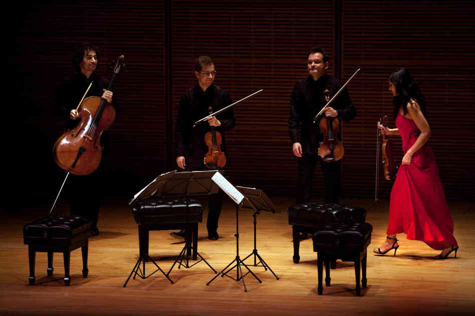 The Belcea Quartet prepares to leaves the stage. They also played Beethoven's enigmatic String Quartet in B flat, Op. 130 at this Zankel Hall performance. 