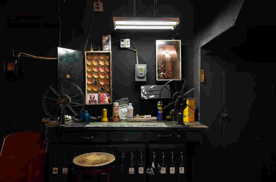 The booth at the Ritz Theater in Muncy, Pa. "I went to Saturday matinees at the Ritz from the time I was 6 or 7 years old," writes Holmes. "The Ritz has shown movies almost continuously since the 1920s but may not last much longer, since the cost of converting to digital is prohibitive on the theater's limited income."