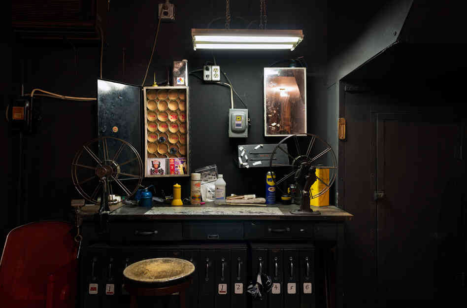 The booth at the Ritz Theater in Muncy, Pa. "I went to Saturday matinees at the Ritz from the time I was 6 or 7 years old," writes Holmes. "The Ritz has shown movies almost continuously since the 1920s but may not last much longer, since the cost of converting to digital is prohibitive on the theater's limited income."