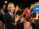 A celebration with cardboard cutout of President Obama in front of the White House early Wednesday morning. A celebration with cardboard cutout of President Obama in front of the White House early Wednesday morning.