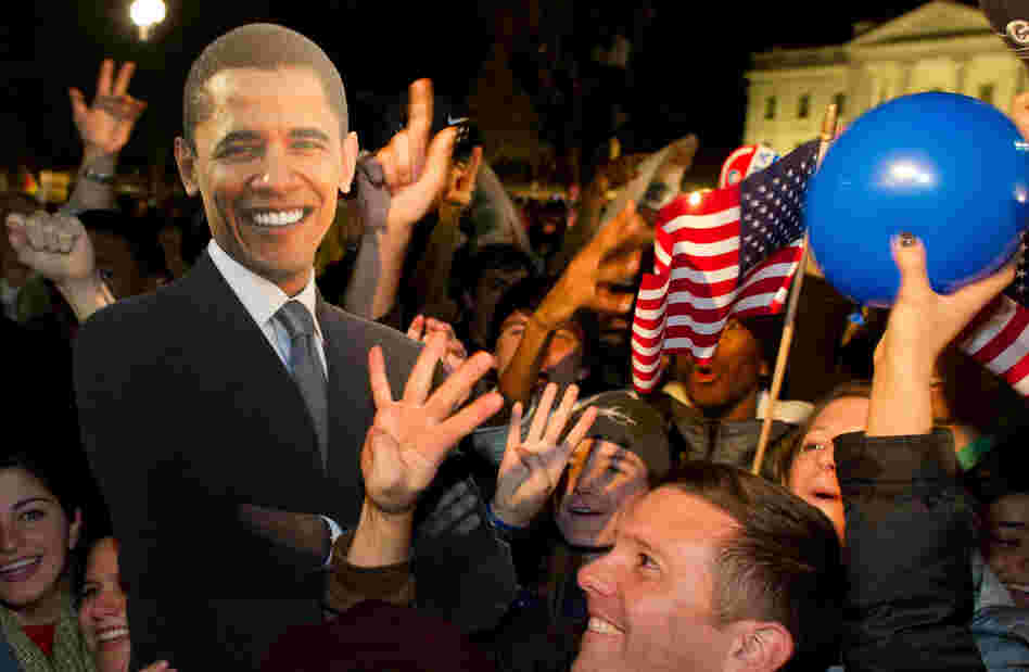 A celebration with cardboard cutout of President Obama in front of the White House early Wednesday morning.