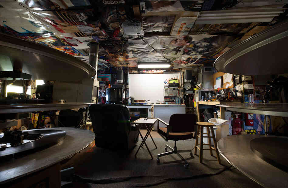 The booth at the Warwick Drive-In, Warwick, N.Y. The booth is its own little screening room; note the digital projector mounted in the ceiling.