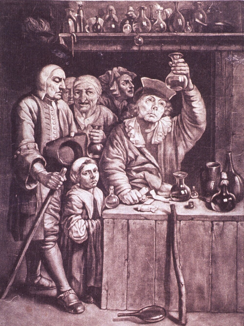 A physician examines a patient's urine flask in this 17th century print by Isaac Sarrabat.