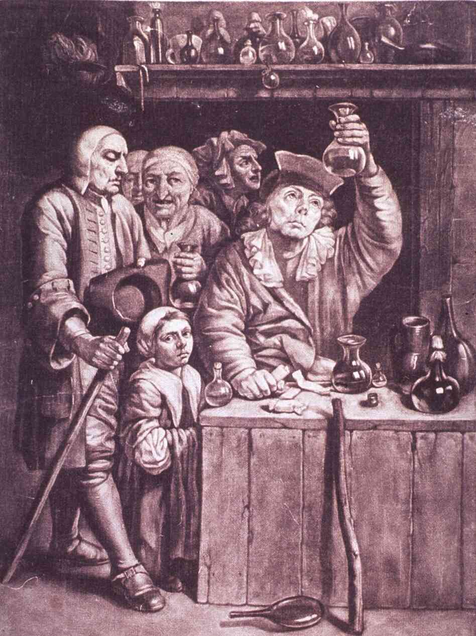 A physician examines a patient's urine flask in this 17th century print by Isaac Sarrabat.