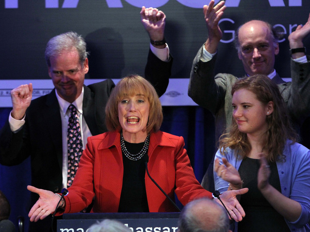 New Hampshire Gov.-elect Maggie Hassan speaks to supporters Tuesday in Manchester, N.H., after defeating Republican Ovide Lamontagne to keep the governor's seat in Democratic control.