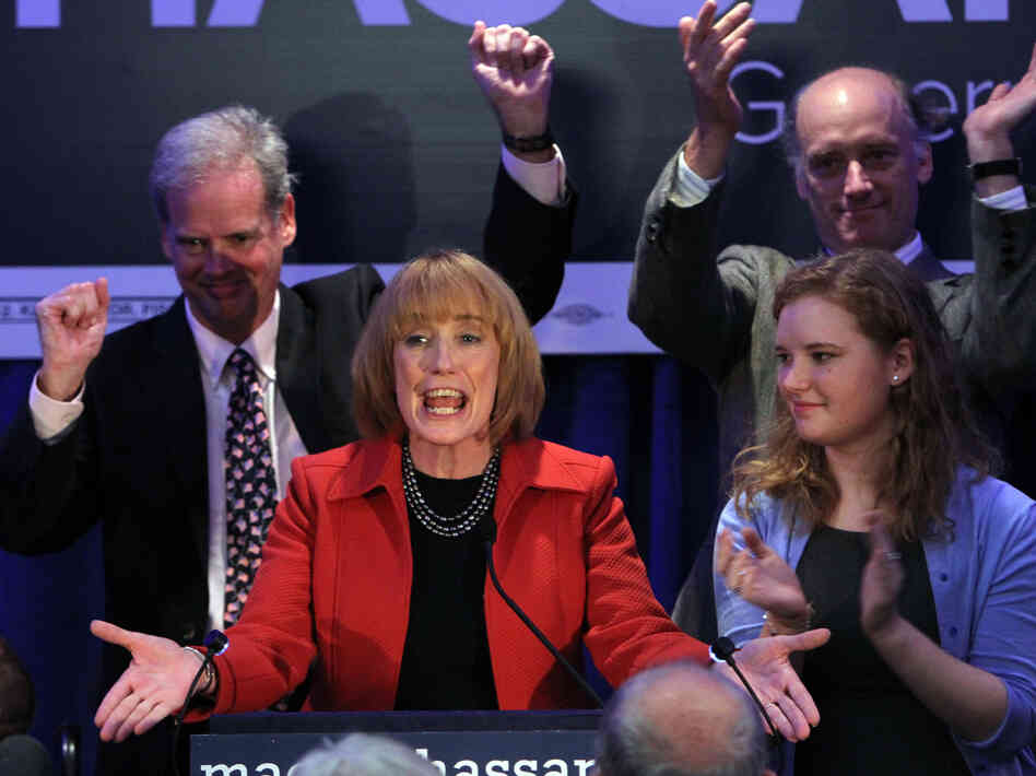 New Hampshire Gov.-elect Maggie Hassan speaks to supporters Tuesday in Manchester, N.H., after defeating Republican Ovide Lamontagne to keep the governor's seat in Democratic control.