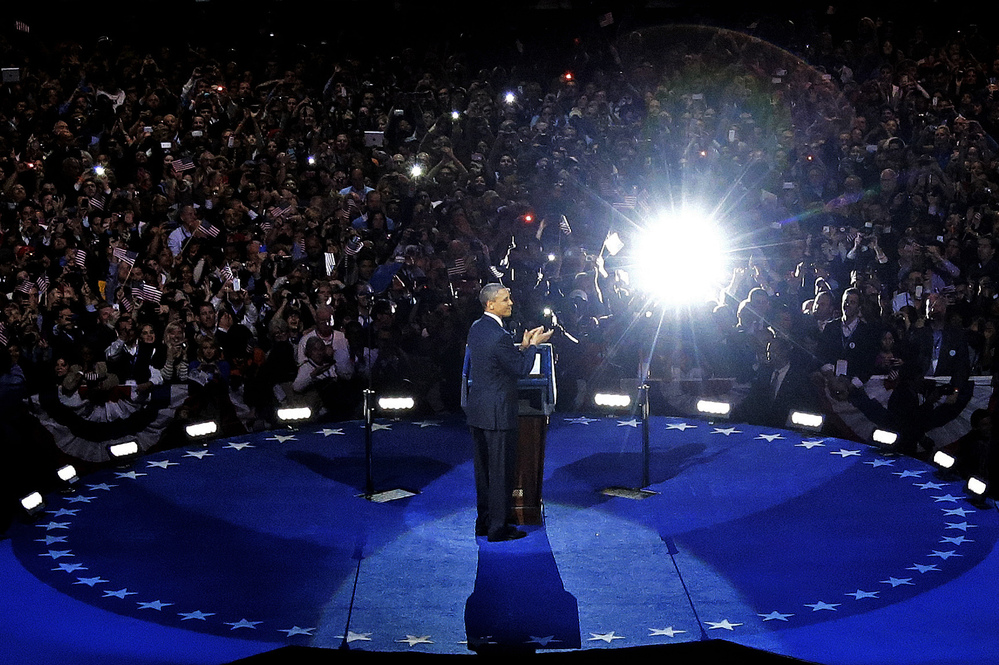 President Obama speaks at his election night party Wednesday in Chicago after defeating Republican challenger Mitt Romney.