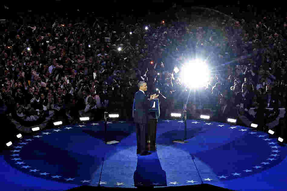 President Obama speaks at his election night party Wednesday in Chicago after defeating Republican challenger Mitt Romney.