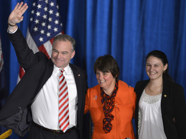 Former Virginia Gov. Tim Kaine is joined by his wife and daughter in celebrating his Senate victory over Republican George Allen.