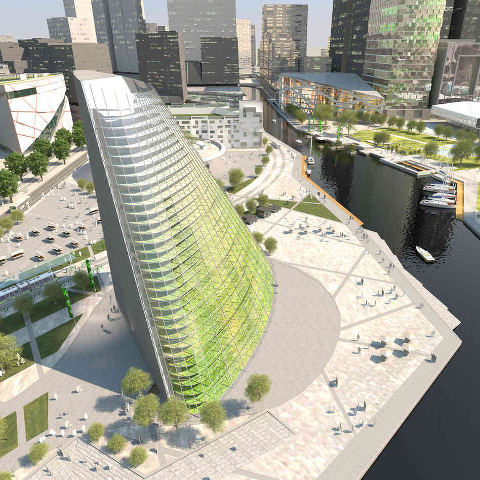 An illustration of the 177-feet vertical farm by Plantagon currently in the works for Linkoping, Sweden.