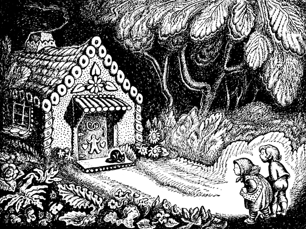 Brother and sister make their fateful first sighting of the witch's house made of gingerbread in Hansel and Gretel.