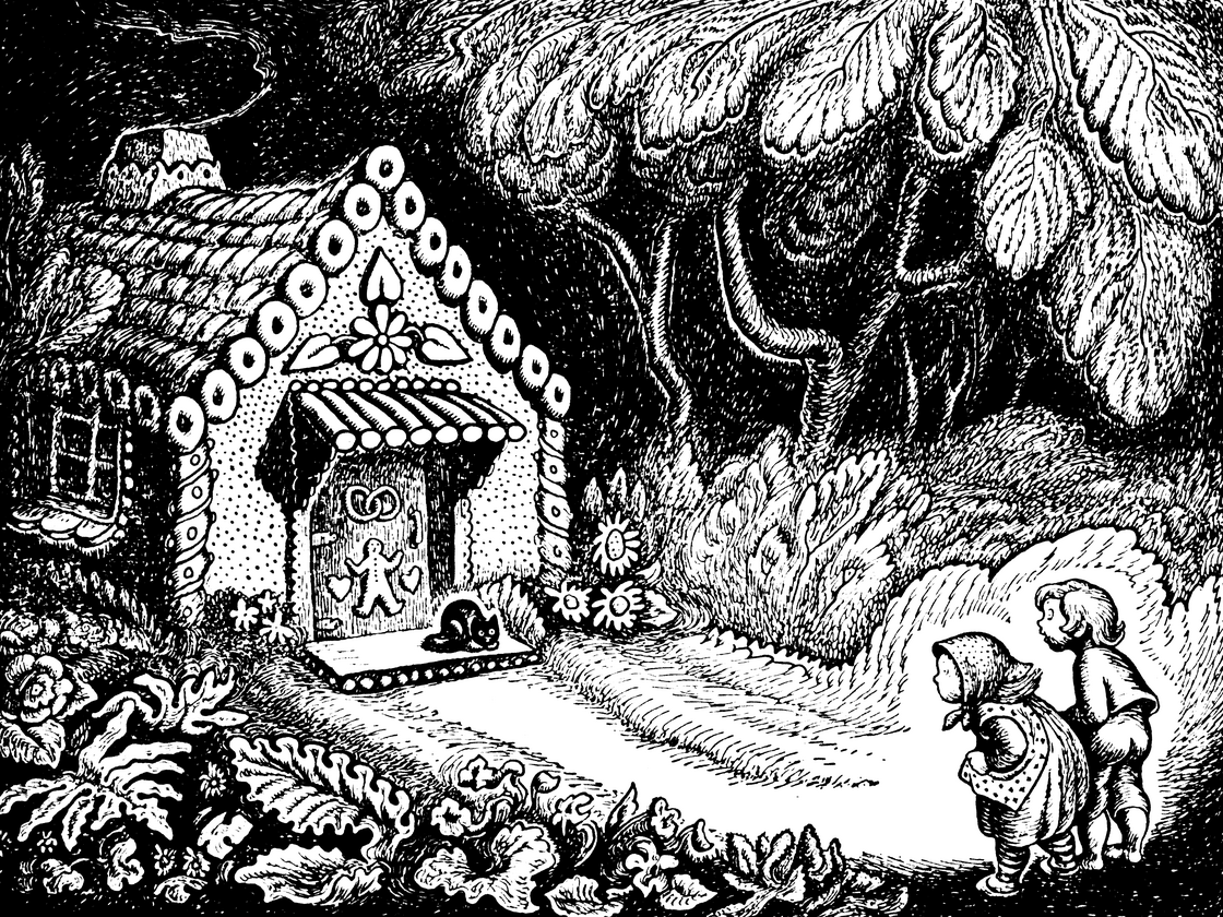 Brother and sister make their fateful first sighting of the witch's house made of gingerbread in Hansel and Gretel.